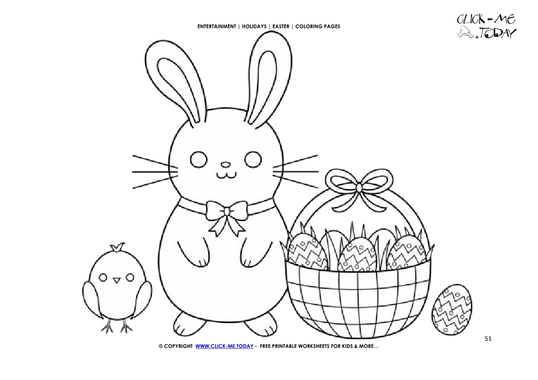Easter Coloring Page: 51 Easter chick, bunnie and basket